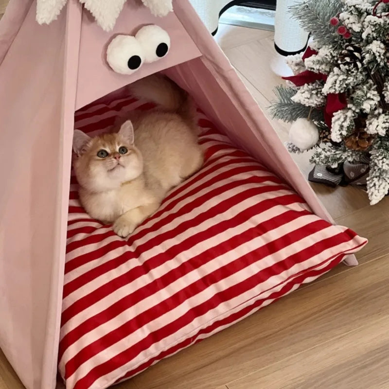Winter Cat Tent - Cozy Teddy Cat Nest With Soft Cushion Pet Bed