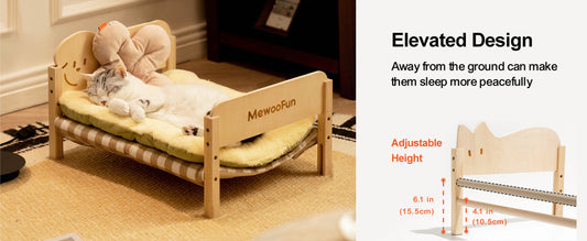 Cat Bed - Elevated Wooden Pet Bed With Removable Cover & Cozy Hammock