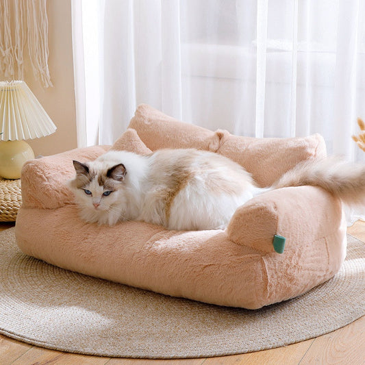 Large Cat Sofa - Warm Plush Pet Sofa With Flannel Beige Couch