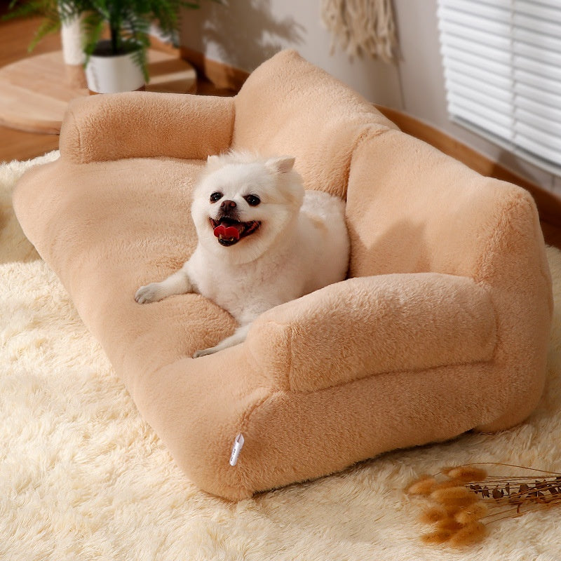 Large Cat Sofa - Warm Plush Pet Sofa With Flannel Beige Couch