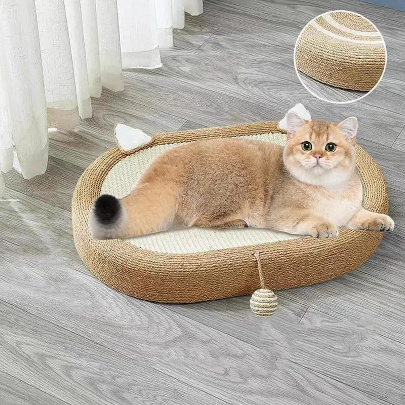 Cat Scratch Pad Oval Board - Durable Sisal Scratcher with Play Ball Toy
