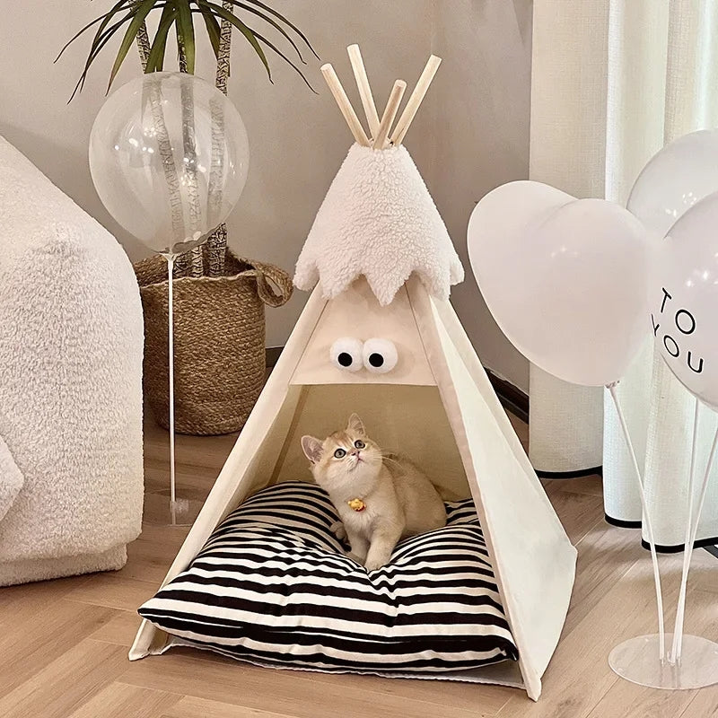 Winter Cat Tent - Cozy Teddy Cat Nest With Soft Cushion Pet Bed