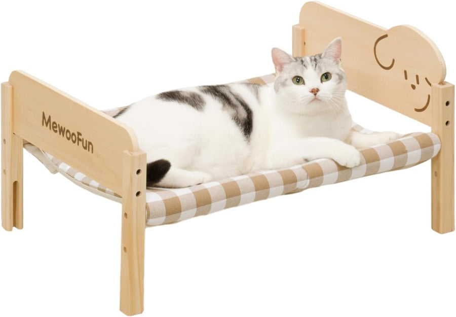Cat Bed - Elevated Wooden Pet Bed With Removable Cover & Cozy Hammock