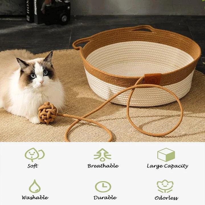 Cotton Rope Cat Bed - Handwoven Natural Fiber Pet Basket for Cozy Cat Nest