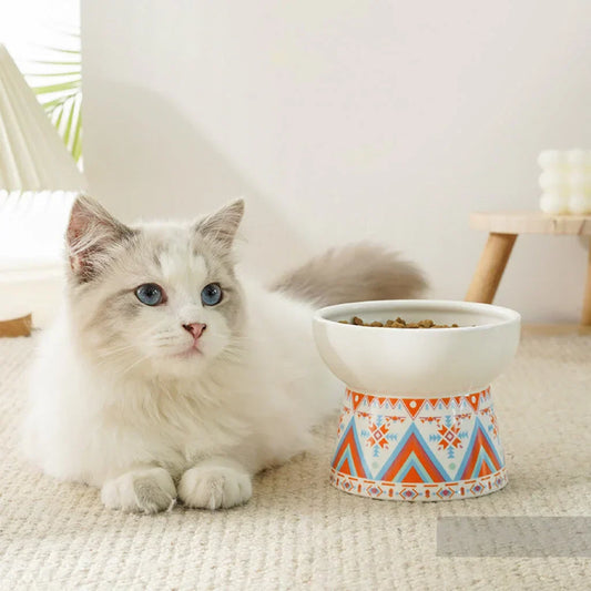 Ceramic Cat Bowl - Elevated Cat Dish With Whisker Fatigue Relief & Spill Resistant Design
