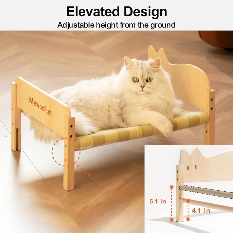 Cat Bed - Elevated Wooden Pet Bed With Removable Cover & Cozy Hammock