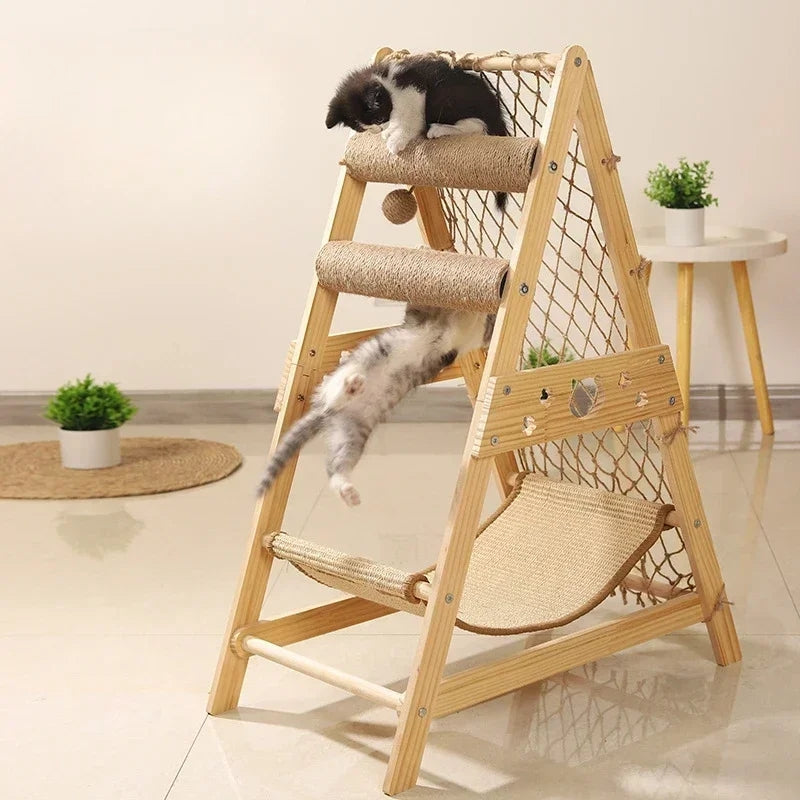 Cat Climbing Frame - Large Wooden Cat Nest With Durable Pet Climbing Net