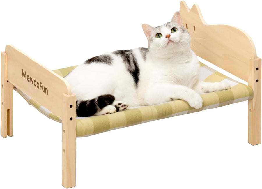 Cat Bed - Elevated Wooden Pet Bed With Removable Cover & Cozy Hammock