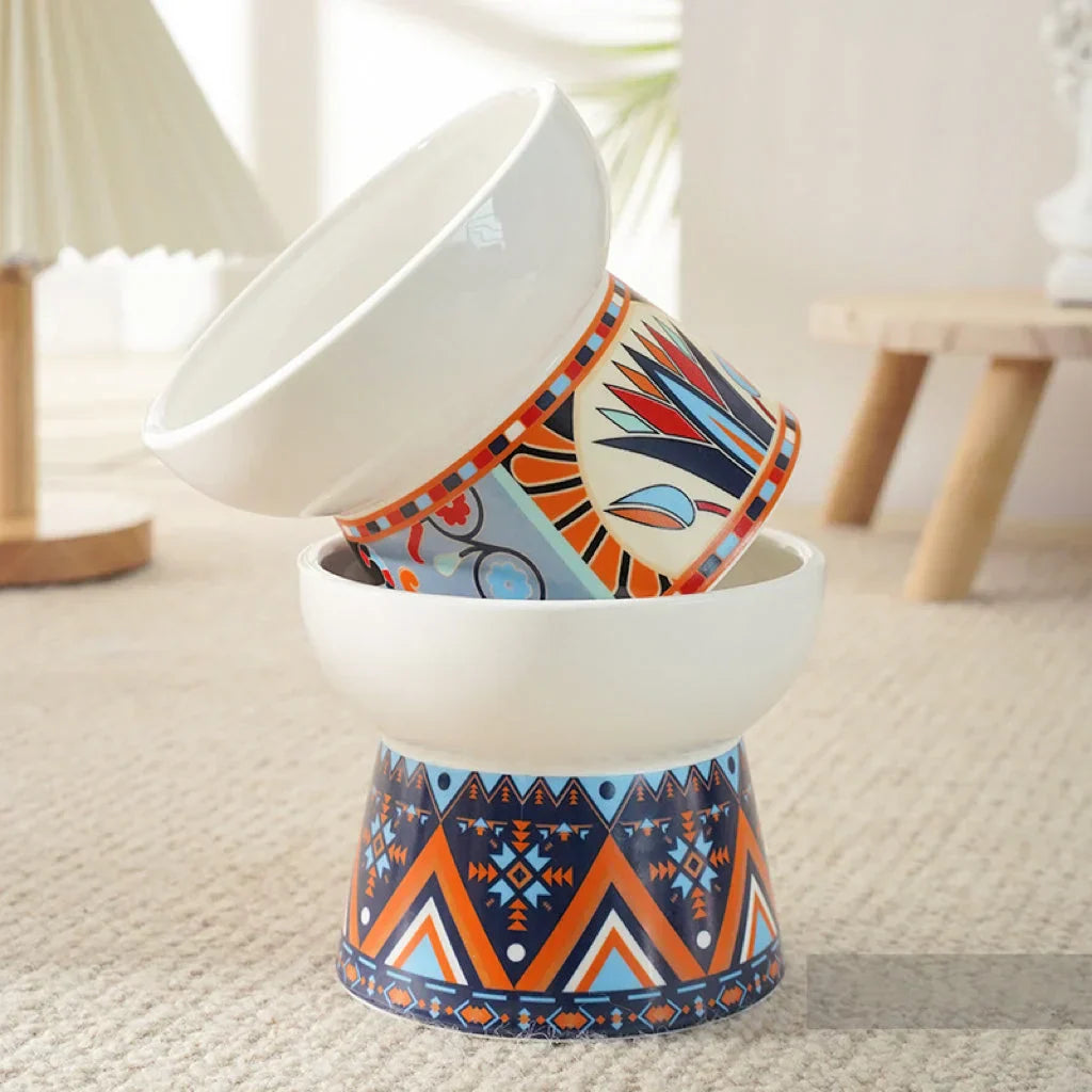 Ceramic Cat Bowl - Elevated Cat Dish With Whisker Fatigue Relief & Spill Resistant Design
