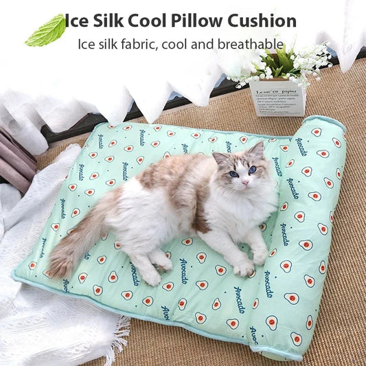 Ice Silk Cooling Mat – Breathable Pet Cushion with Soft Pillow for Dogs & Cats
