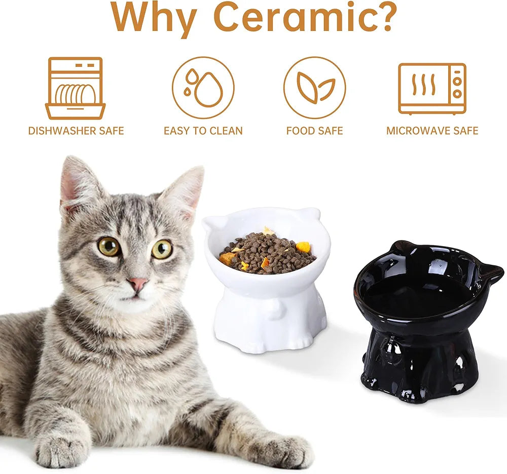Ceramic Cat Bowls - Elevated Cat Bowls Set | Raised Feeder for Indoor Cats