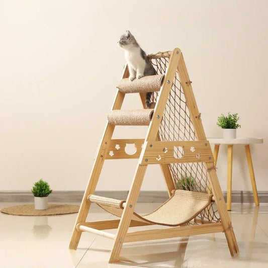 Cat Climbing Frame - Large Wooden Cat Nest With Durable Pet Climbing Net