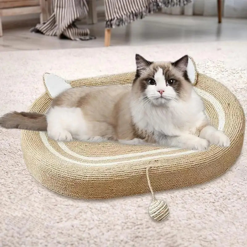 Cat Scratch Pad Oval Board - Durable Sisal Scratcher with Play Ball Toy