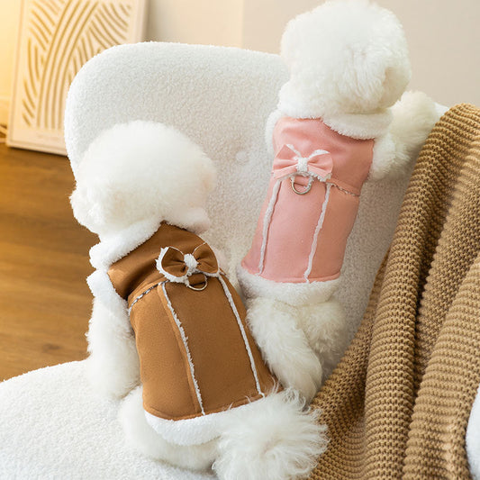 Cute Dog Coat - Stylish Pet Cotton Jacket With Plush Collar & Adorable Bow