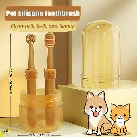 Pet Toothbrush Silicone Bristle Brush - Cat Dog Brush Set with Storage Cup