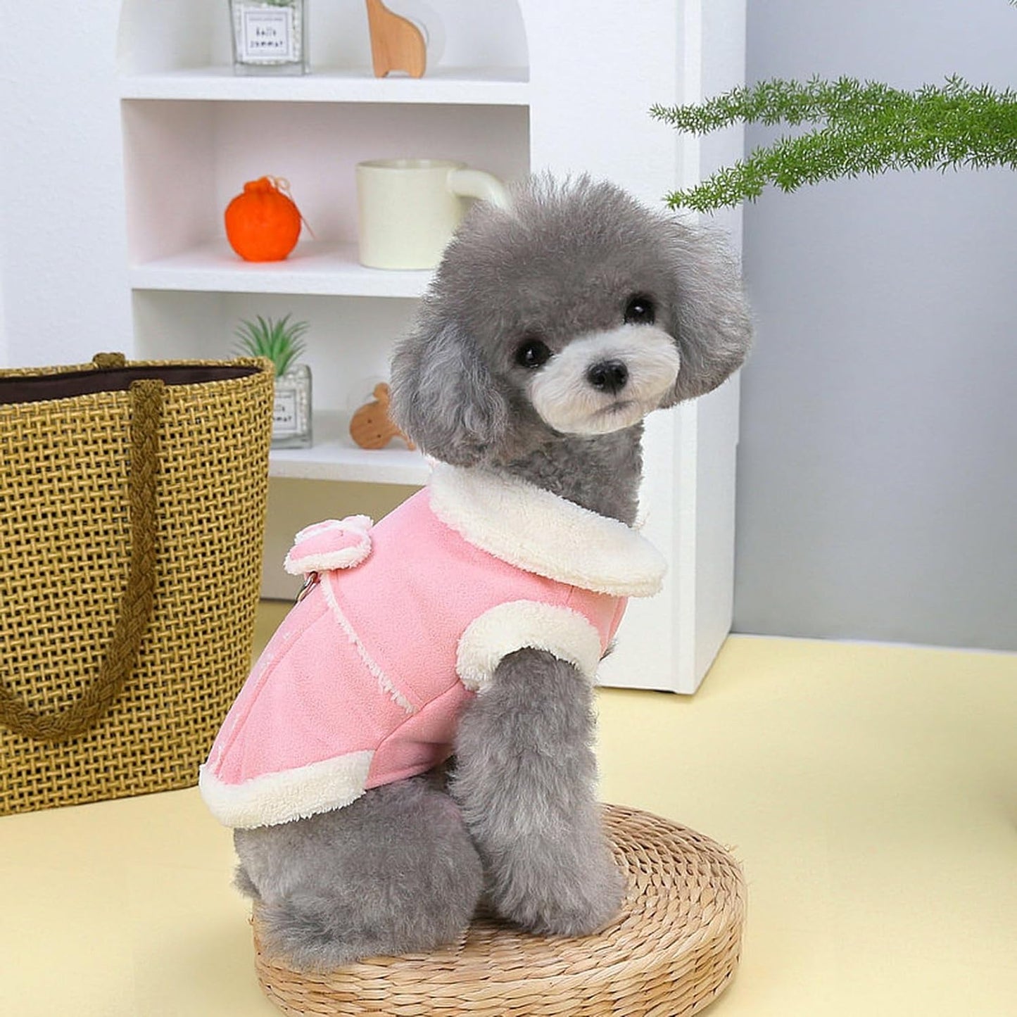 Cute Dog Coat - Stylish Pet Cotton Jacket With Plush Collar & Adorable Bow