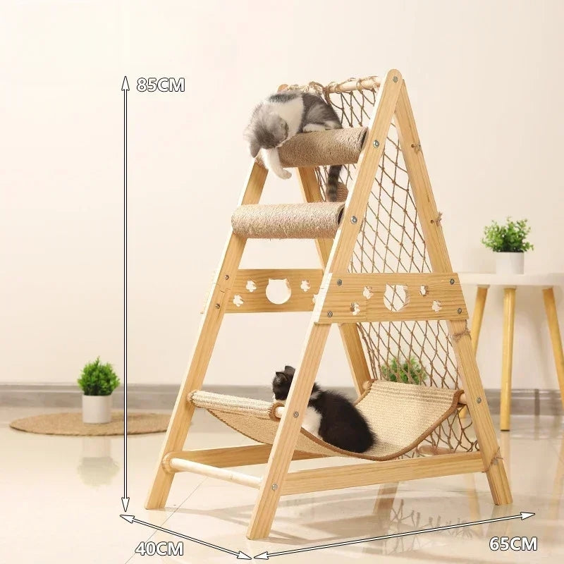 Cat Climbing Frame - Large Wooden Cat Nest With Durable Pet Climbing Net