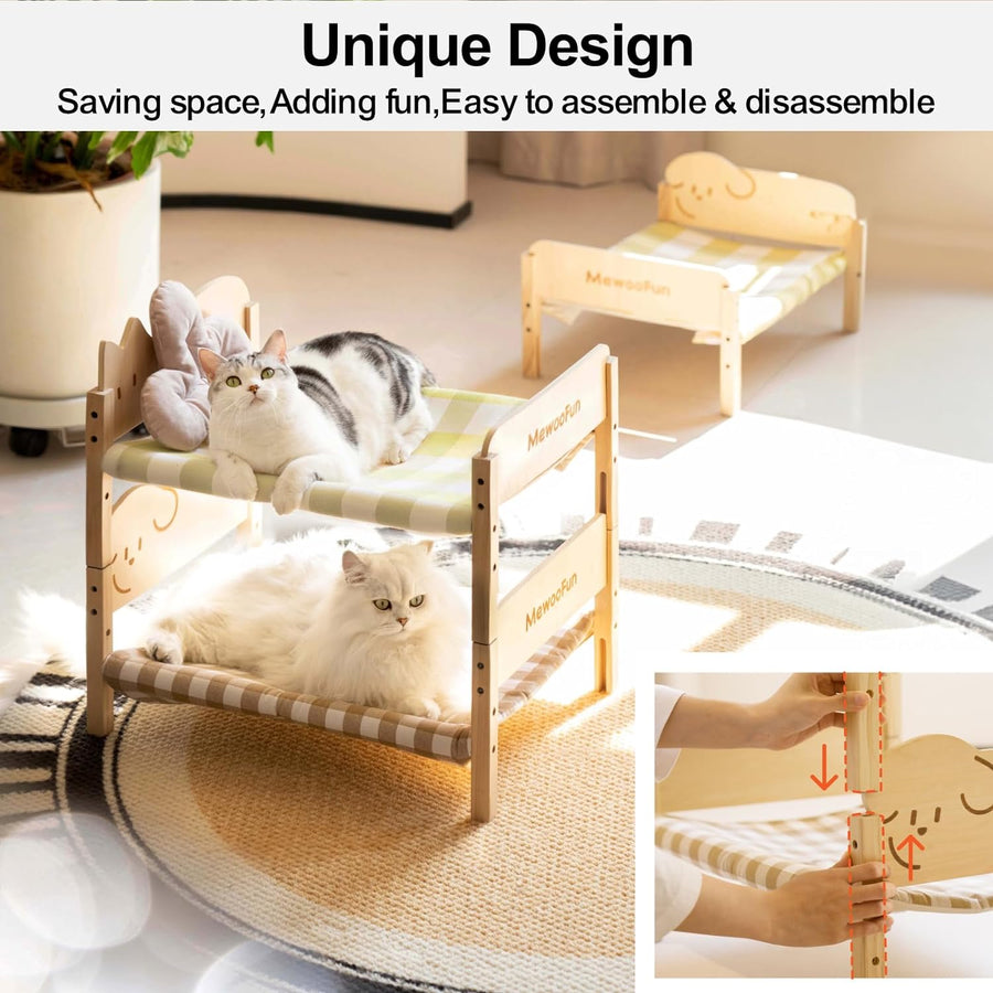 Cat Bed - Elevated Wooden Pet Bed With Removable Cover & Cozy Hammock