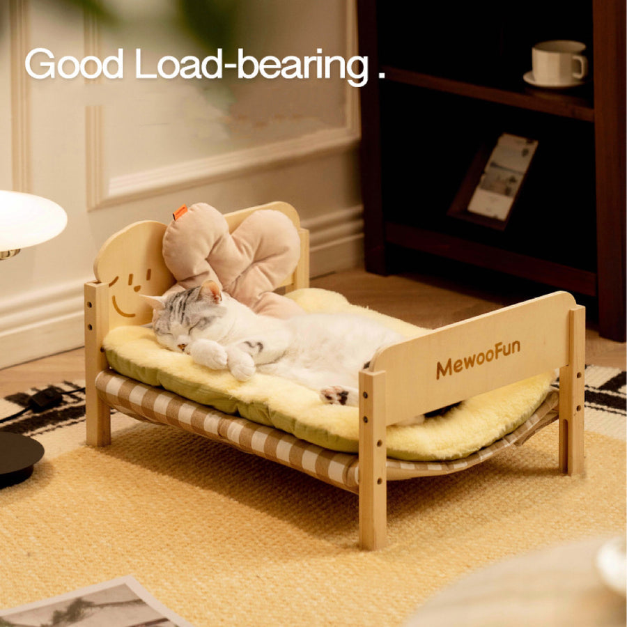 Cat Bed - Elevated Wooden Pet Bed With Removable Cover & Cozy Hammock