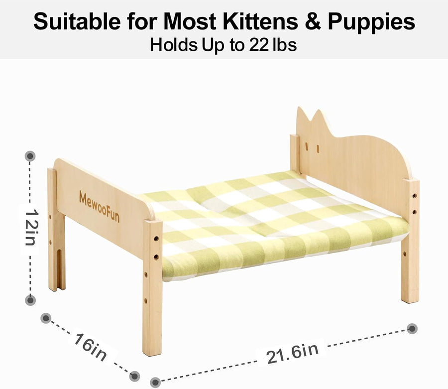 Cat Bed - Elevated Wooden Pet Bed With Removable Cover & Cozy Hammock