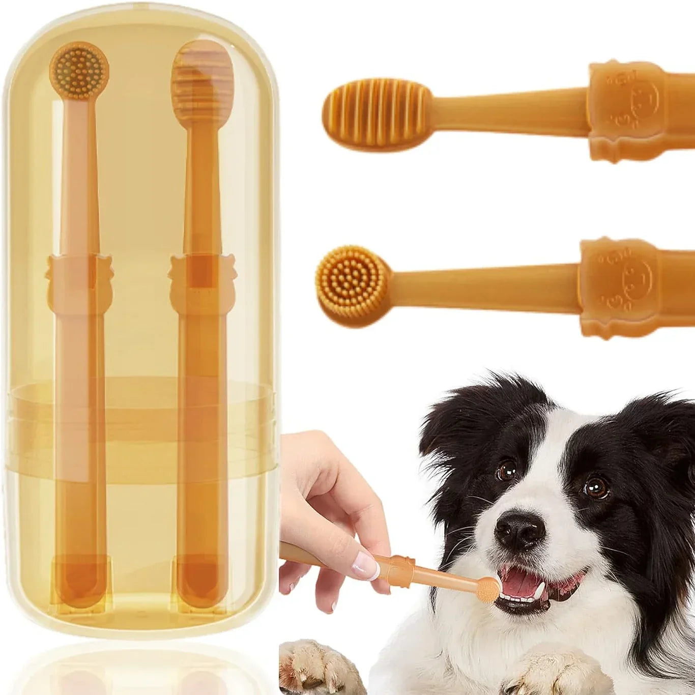 Pet Toothbrush Silicone Bristle Brush - Cat Dog Brush Set with Storage Cup